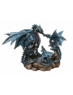 Statuette d'une famille de trois dragons bleu modèle Babylas