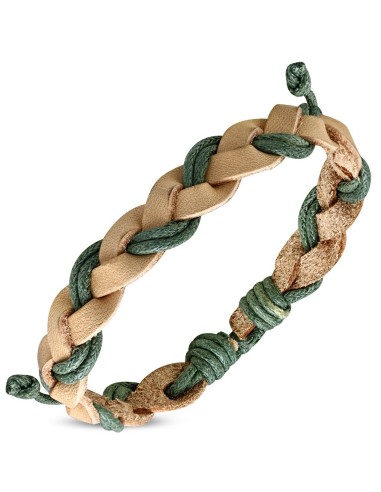 Bracelet cuir  tressé vert et beige modèle Angosyl