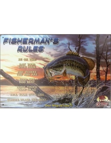 Plaque métal vintage Fisherman's Rules 20 cm x 30 cm