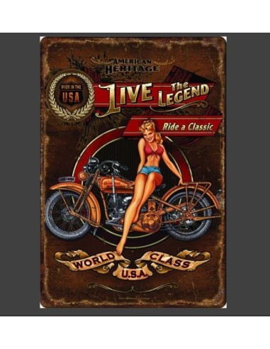 Plaque métal vintage Pin up moto Live the Legend 20 cm x 30 cm