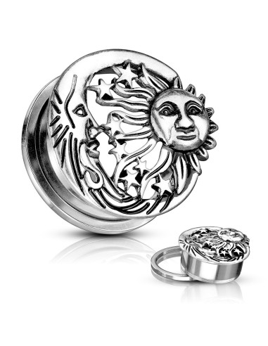 Piercing plug acier Lune, étoile et soleil modèle Busidare