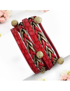 Bracelet cuir rouge multirangs modèle Dyfney