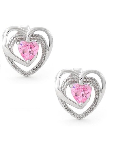 Boucles d'oreilles coeur en  argent et zircone rose modèle Dobiay