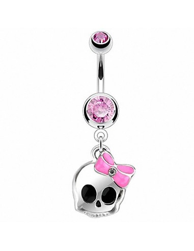 Piercing nombril skull avec un noeud rose modèle Diceline