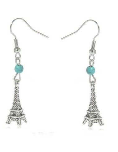 Boucles d'oreilles Tour Eiffel et perle bleue