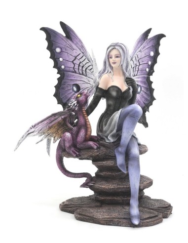 Statuette figurine fée et dragon sur un banc