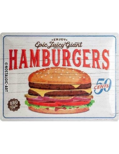 Plaque métal Hamburgers en relief 40 cm x 30 cm