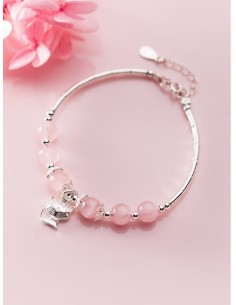 Bracelet argent et perles de cristal rose et chat