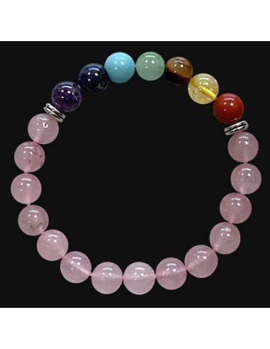 Bracelet 7 chakras et quartz rose en pierres minérales de 8 mm