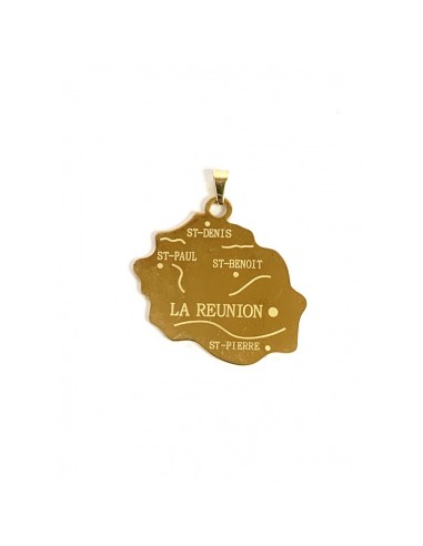 Pendentif carte de la Réunion 974 en acier doré