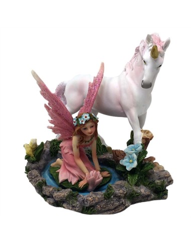 Statuette figurine petite fée et licorne en 13 cm