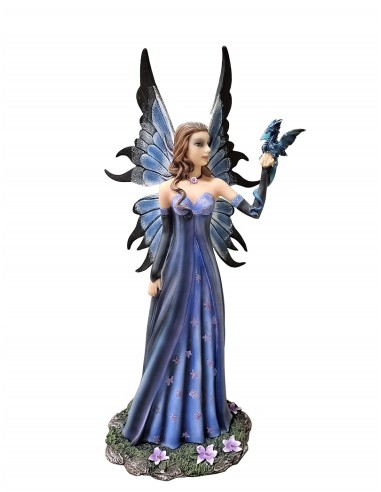 Statuette Figurine fée bleue et petit dragon en 38 cm