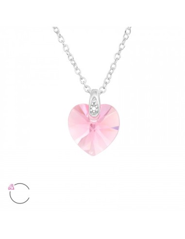 Collier pendentif cœur en cristal rose et chaîne en argent