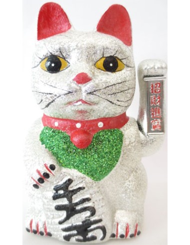 Figurine chat rieur argenté Maneki Neko porte bonheur 21 cm