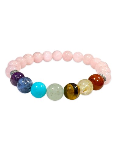 Bracelet 7 chakras et quartz rose bijou en pierres minérales de 8 mm