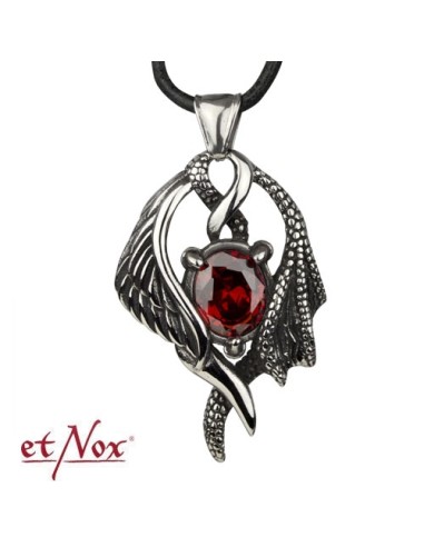 Pendentif ailes de dragon bijou en acier pierre rouge