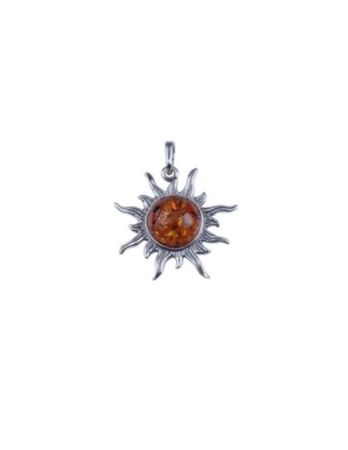 Pendentif soleil ambre cognac bijou en argent