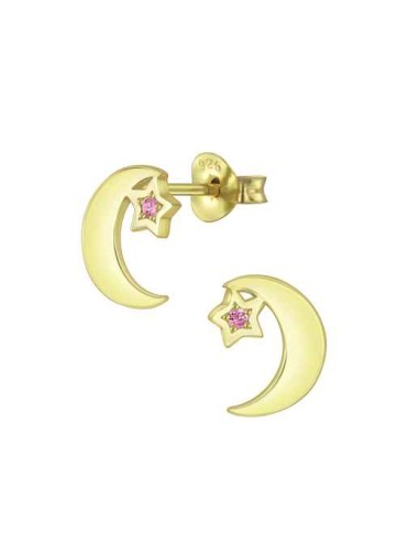 Boucles d'oreilles lune et étoile rose en plaqué or