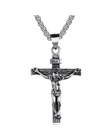 Collier Pendentif croix Christ Inri en acier
