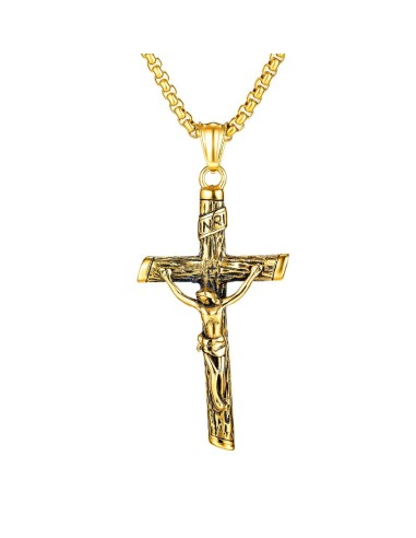 Collier Pendentif croix Christ en acier doré