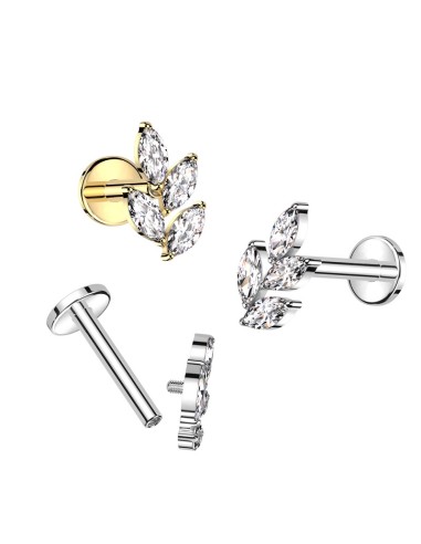 Piercing labret tragus feuille dorée ou argentée zircones