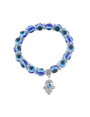 Bracelet bleu élastique Perles Oeil Breloque Main de Fatma