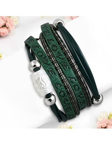 Bracelet vert multi rangs cuir fantaisie
