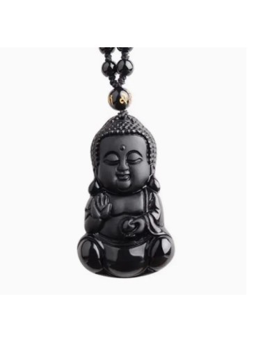 Pendentif Collier Obsidienne noire Bouddha en 5 mm