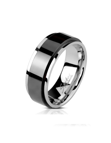 Bague anneau bicolore noir roulante en acier