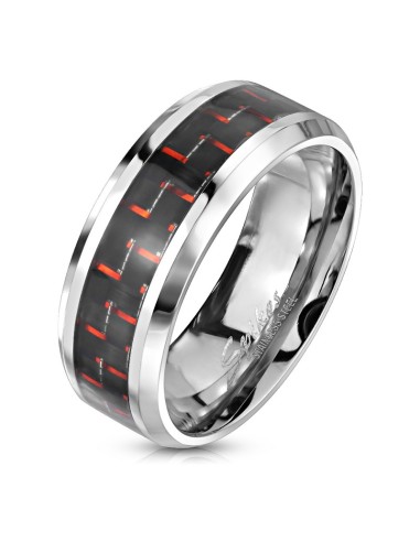 Bague anneau rouge et noir bijou en acier