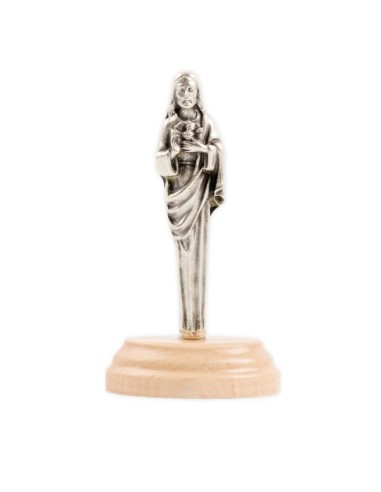 Statue en métal sur socle bois ovale, Hauteur 7 cm, Sacré Cœur de Jésus