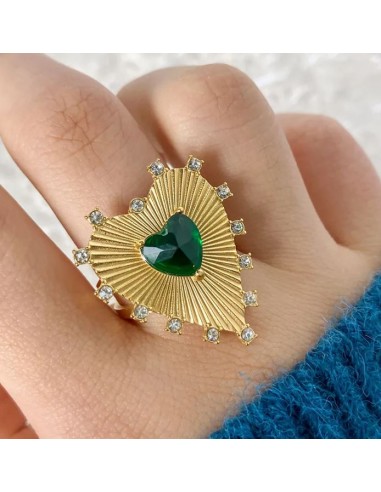 Bague cœur bijou en acier doré et cristal vert