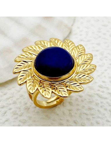 Bague fleur bijou en acier doré et bleu nuit