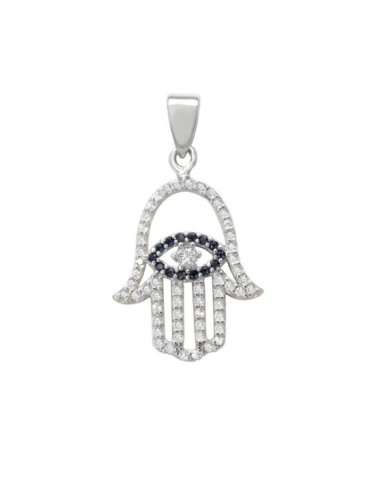 Pendentif main de fatma en argent et zirconiums bleus