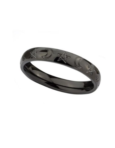 Bague lune et pentacle en acier noir