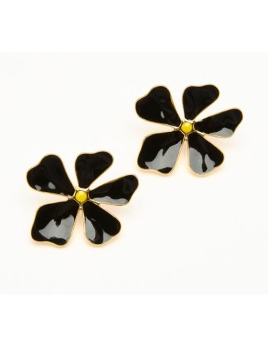 Boucles d'oreilles fleurs noires en acier doré