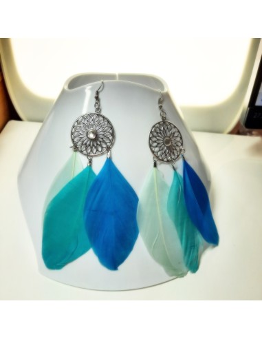 Boucles d'oreilles mandala plumes bleues