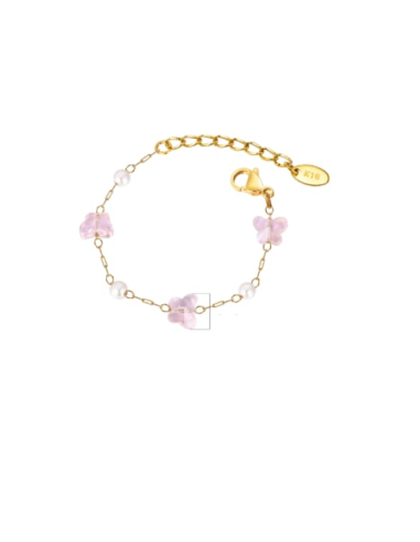 Bracelet Papillon en acier doré et quartz rose