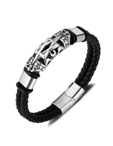 Bracelet homme cuir noir et acier