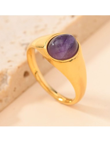 Bague chevalière pierre améthyste bijou en acier doré