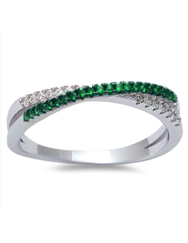 Bague alliance croisée zircones émeraude bijou en argent