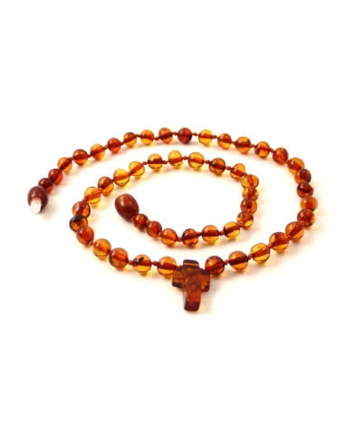 Collier ambre cognac et croix en 38 cm