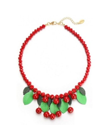 Collier fantaisie cerises et feuilles pendantes