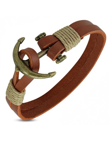 Bracelet ancre marine réglable bijou en cuir marron