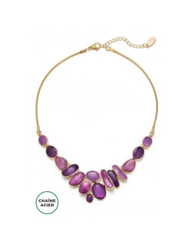 Collier design violet chaîne acier doré
