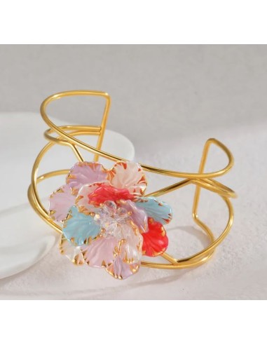 Bracelet manchette rigide fleurs multicolores
