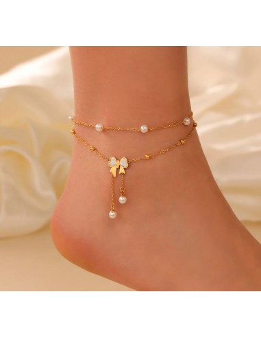 Bracelet de cheville trèfle et perles en acier doré