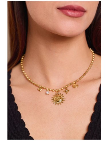 Collier breloques soleil cristal et autre bijou en acier doré