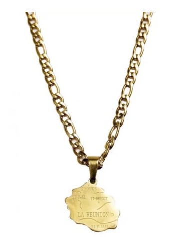 Pendentif collier pays carte de la Réunion 974 acier doré