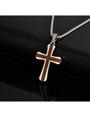 Collier croix bijou en acier 304 et bois